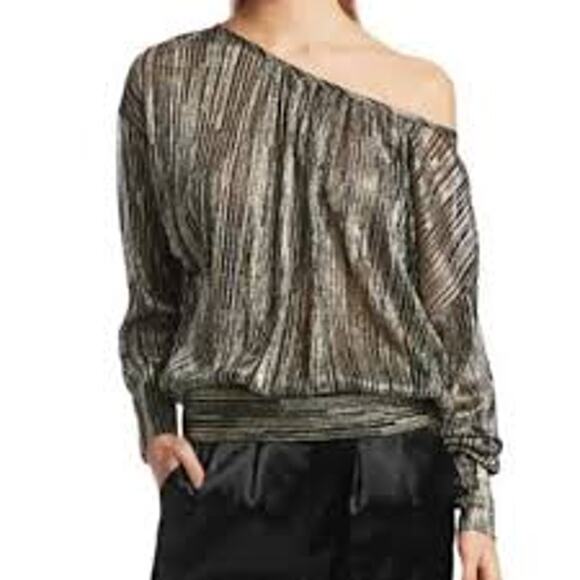 Ramy Brook Tops - Ramy Brook Gold Lame Blouse Sheer Stripe Metallic Long Sleeve Going Out - S
